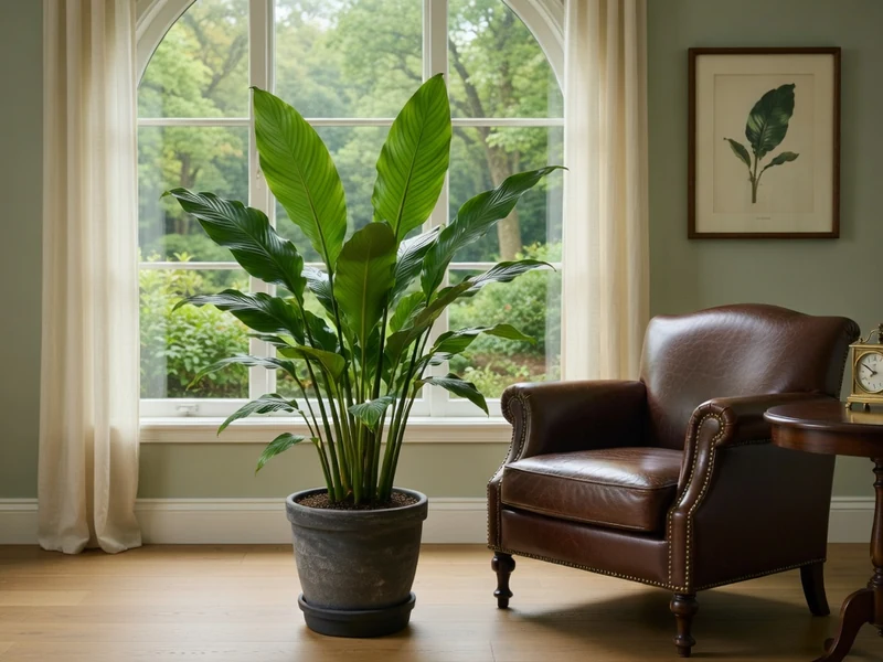 Une pièce confortable avec un aspidistra en pot près d'une fenêtre et un fauteuil en cuir marron