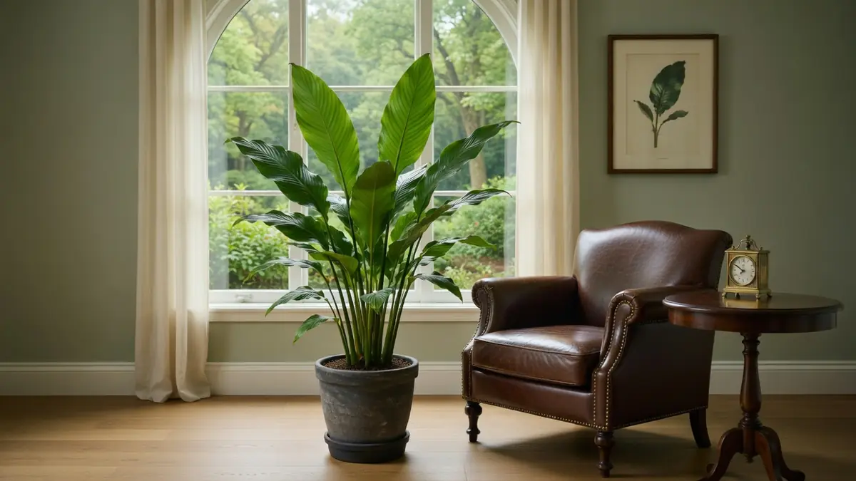 Une pièce confortable avec un aspidistra en pot près d'une fenêtre et un fauteuil en cuir marron