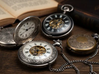 Des anciennes montres à gousset, certaines ouvertes, reposent sur une table en bois à côté de livres