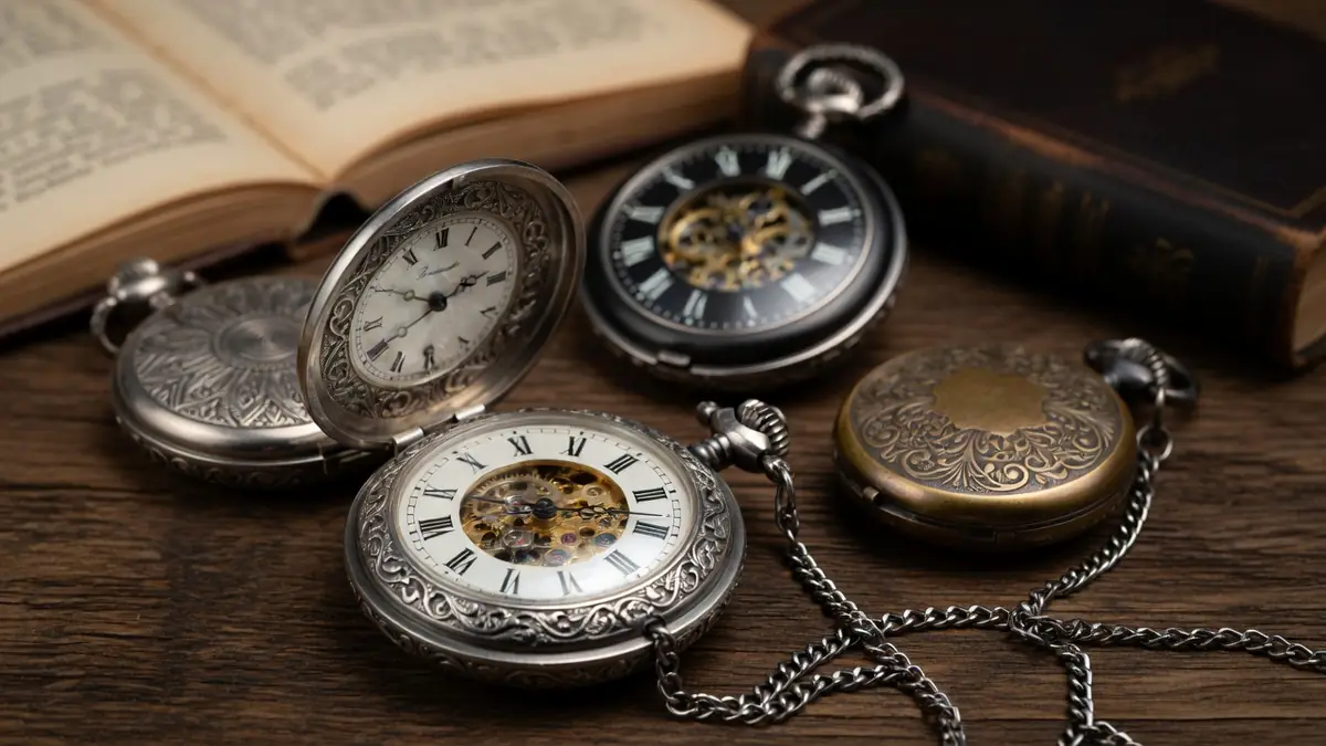 Des anciennes montres à gousset, certaines ouvertes, reposent sur une table en bois à côté de livres
