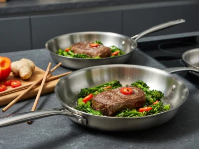 Des poêles en inox contiennent des steaks et des légumes sur un comptoir de cuisine