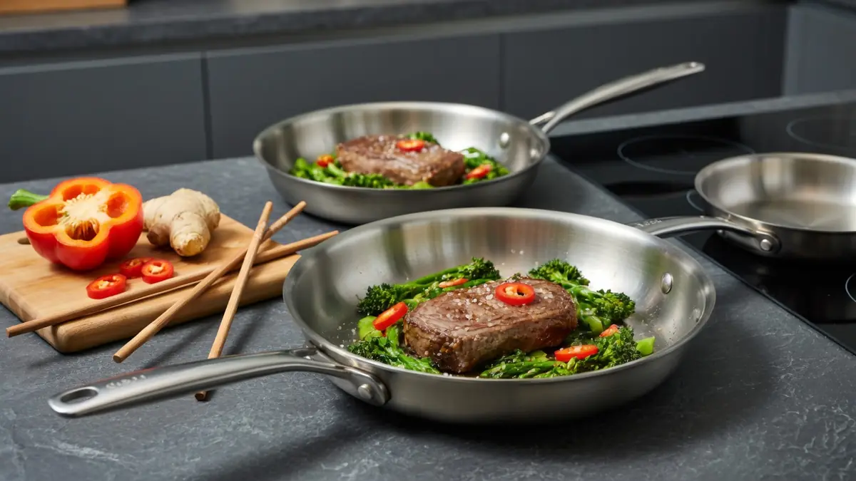 Des poêles en inox contiennent des steaks et des légumes sur un comptoir de cuisine