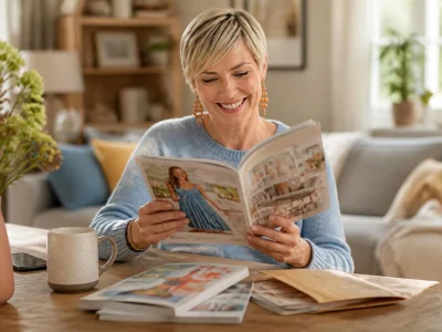Femme souriante lisant confortablement chez elle un catalogue gratuit à recevoir par la poste