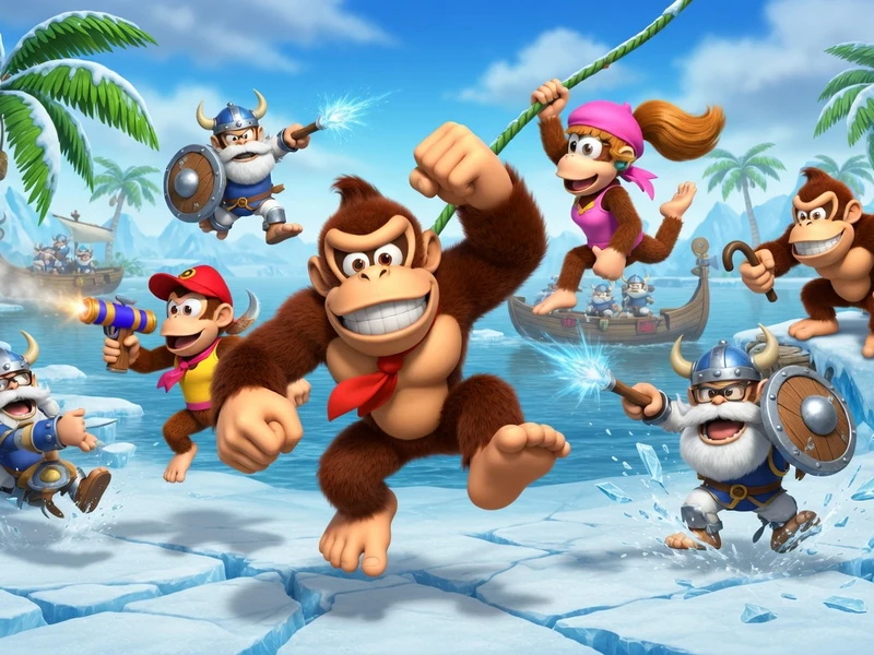 Les personnages de dk Tropical Freeze bondissent sur la banquise bordée de palmiers