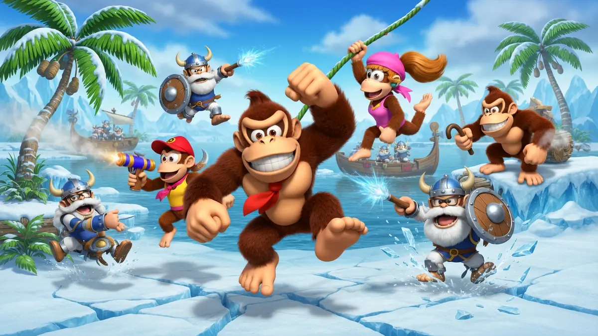 Les personnages de dk Tropical Freeze bondissent sur la banquise bordée de palmiers