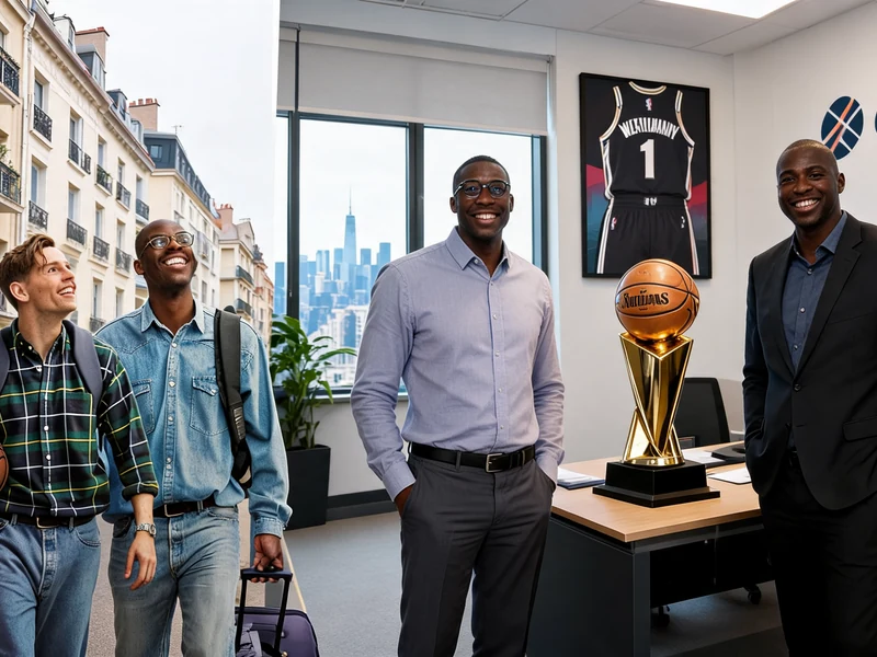 Des collègues posent avec un trophée de basket dans un bureau pour le Rêve américain film