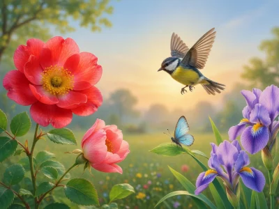 Un oiseau et un papillon virevoltent autour de roses rouges et d'iris violets dans un paysage des poèmes du Printemps