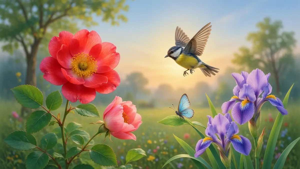 Un oiseau et un papillon virevoltent autour de roses rouges et d'iris violets dans un paysage des poèmes du Printemps