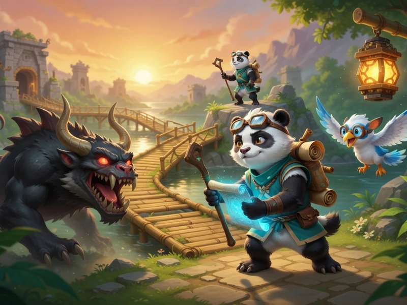 Un panda muni de lunettes affronte une créature monstrueuse dans le Réveil de Pandala