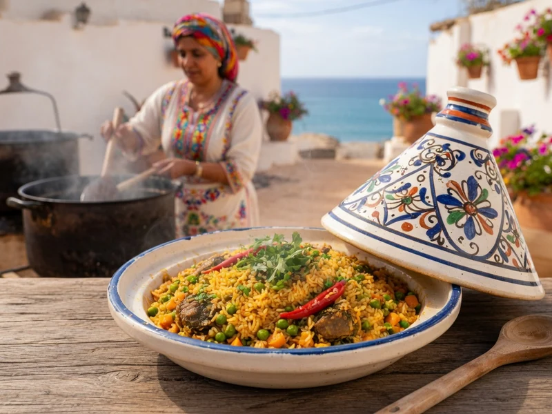 Une femme cuisine tandis qu'un bol de riz Djerbien est présenté sur une table en bois au bord de la mer