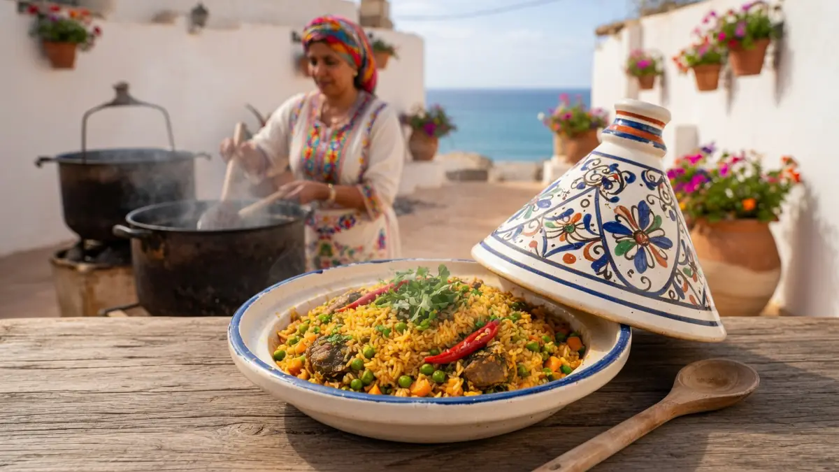 Une femme cuisine tandis qu'un bol de riz Djerbien est présenté sur une table en bois au bord de la mer