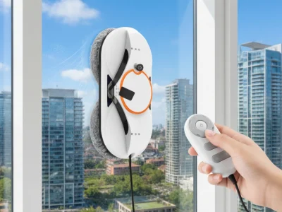 Une main pilote avec une télécommande un robot laveur vitres fixé sur une fenêtre urbaine