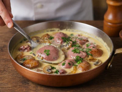 Une cuillère soulève un rognon de veau dans une poêle de sauce crémeuse aux champignons
