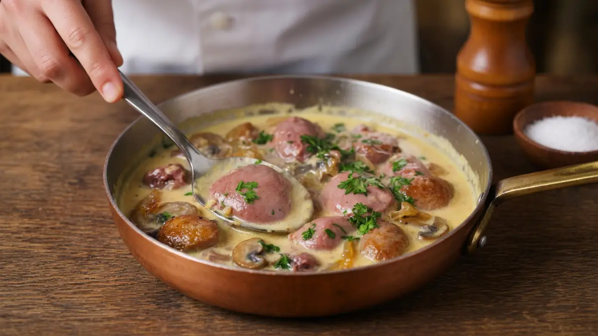 Une cuillère soulève un rognon de veau dans une poêle de sauce crémeuse aux champignons