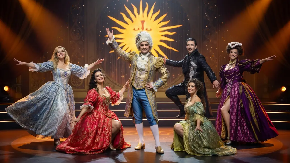 Les interprètes de la comédie musicale Le Roi Soleil posent en costumes d'époque sur scène