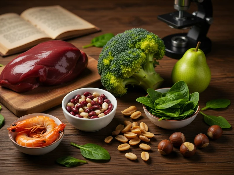 Des aliments riches en vitamines B9 sont disposés sur une table en bois avec un livre ouvert et un microscope