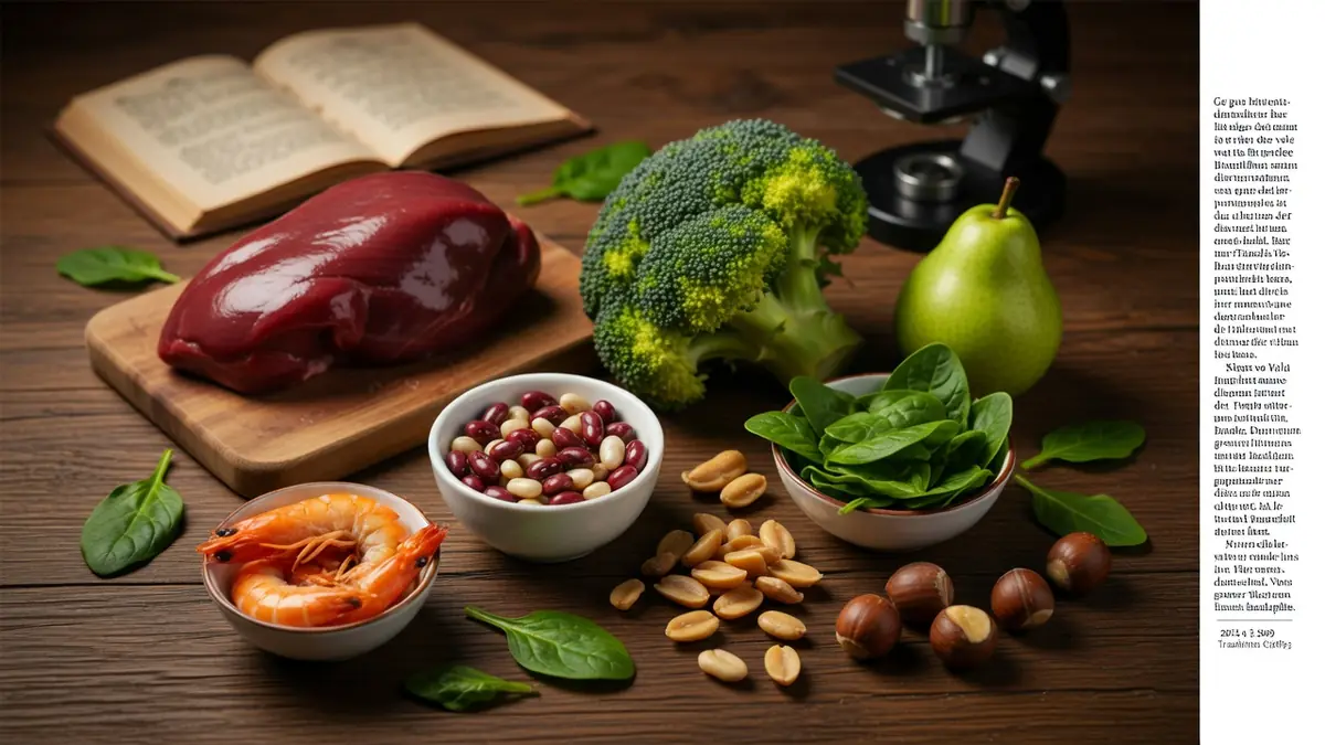 Des aliments riches en vitamines B9 sont disposés sur une table en bois avec un livre ouvert et un microscope