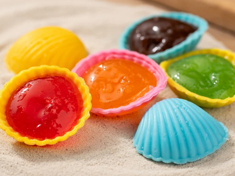 Des Roudoudou colorés en coquillages reposent sur le sable