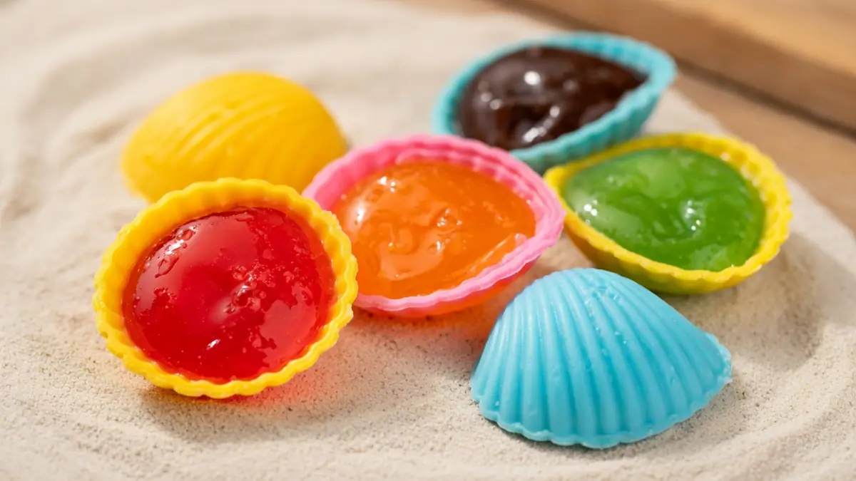 Des Roudoudou colorés en coquillages reposent sur le sable