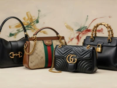 Quatre modèles de sac Gucci élégants disposés sur un fond neutre