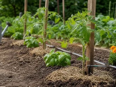Plantation d'un pied de tomate dans un potager au printemps
