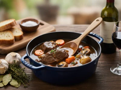 Une cocotte de boeuf bourguignon : recette servie avec une cuillère en bois, du pain et du vin rouge