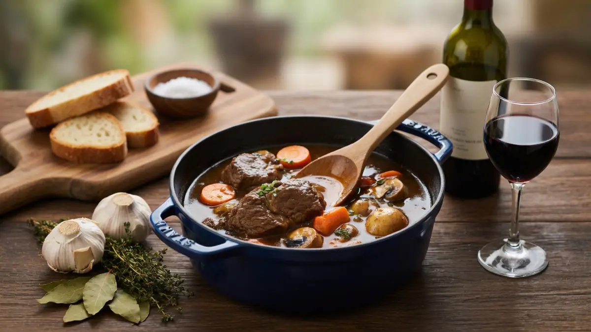 Une cocotte de boeuf bourguignon : recette servie avec une cuillère en bois, du pain et du vin rouge