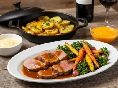 Une assiette de magret de canard et ses accompagnements pour magret de canard