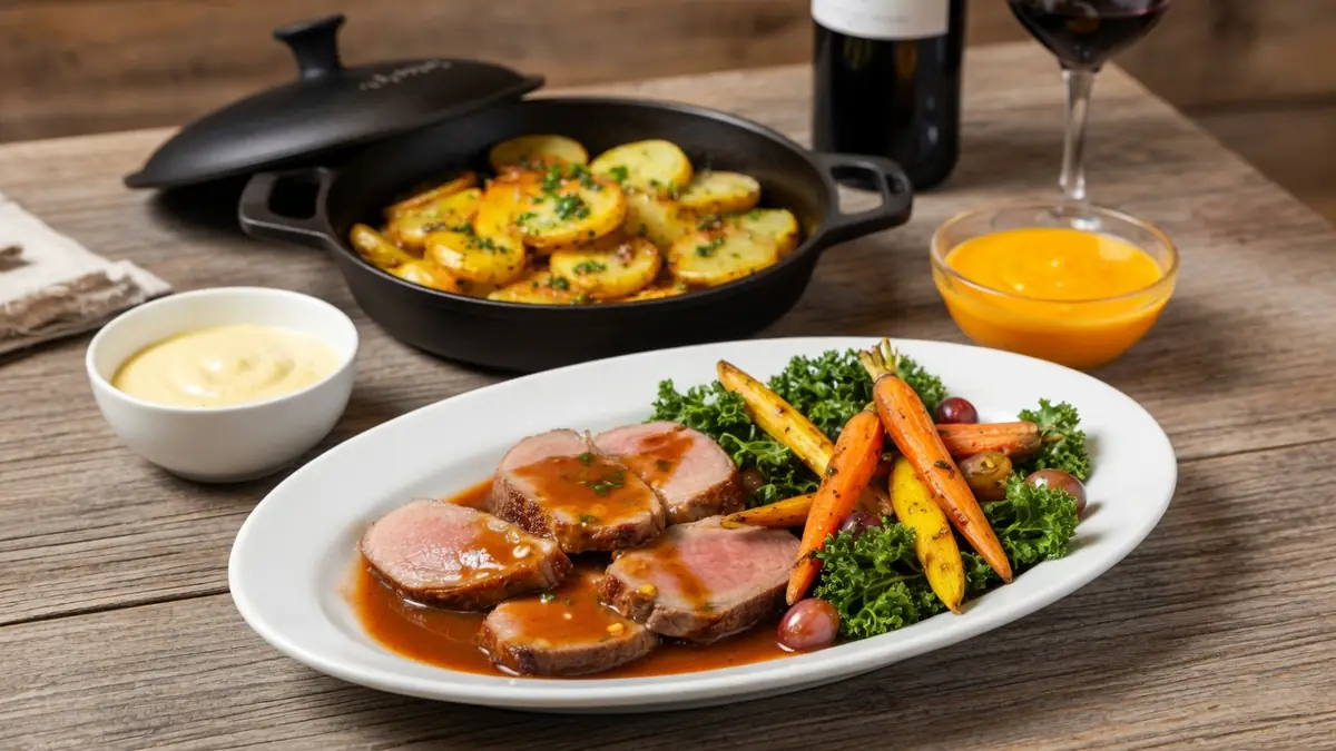 Une assiette de magret de canard et ses accompagnements pour magret de canard