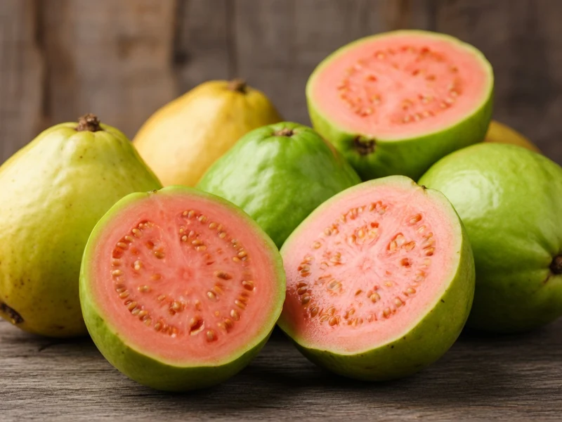 Des goyaves vertes et jaunes entières ou la goyave fruit coupée en deux sur une table