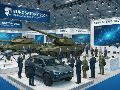 De nombreux visiteurs explorent les équipements du salon Eurosatory dans un hall moderne