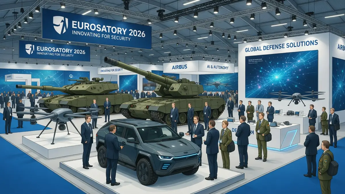 De nombreux visiteurs explorent les équipements du salon Eurosatory dans un hall moderne