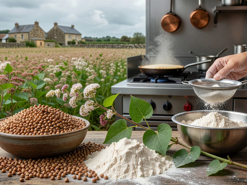 Bols de sarrasin gluten et de farine sur une table en bois avec cuisine et champs en arrière-plan