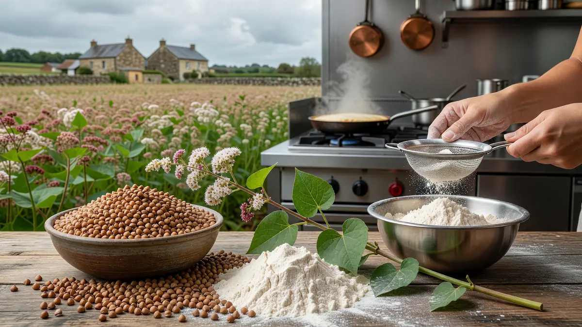 Bols de sarrasin gluten et de farine sur une table en bois avec cuisine et champs en arrière-plan