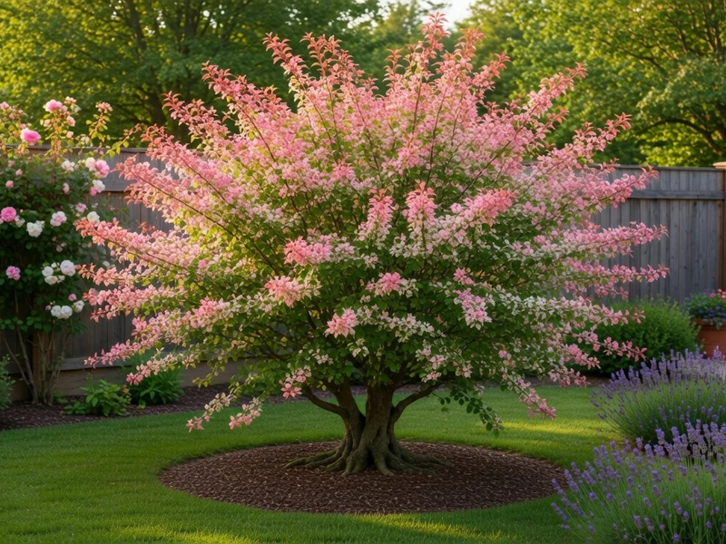 Un saule crevette au feuillage rose et blanc trône dans un jardin aménagé avec pelouse et lavande.