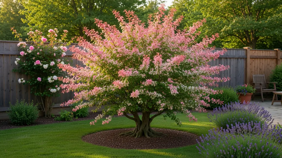 Un saule crevette au feuillage rose et blanc trône dans un jardin aménagé avec pelouse et lavande.