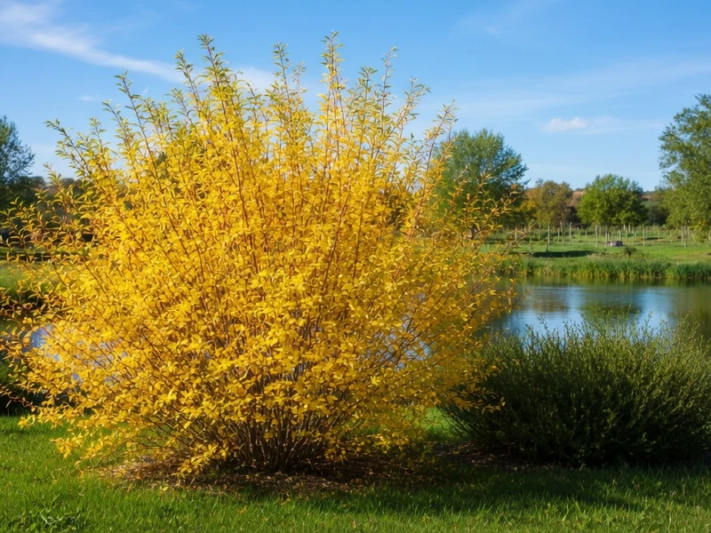 Un arbuste au feuillage jaune vif, variété golden sunshine, planté au bord d'un étang dans un jardin ensoleillé