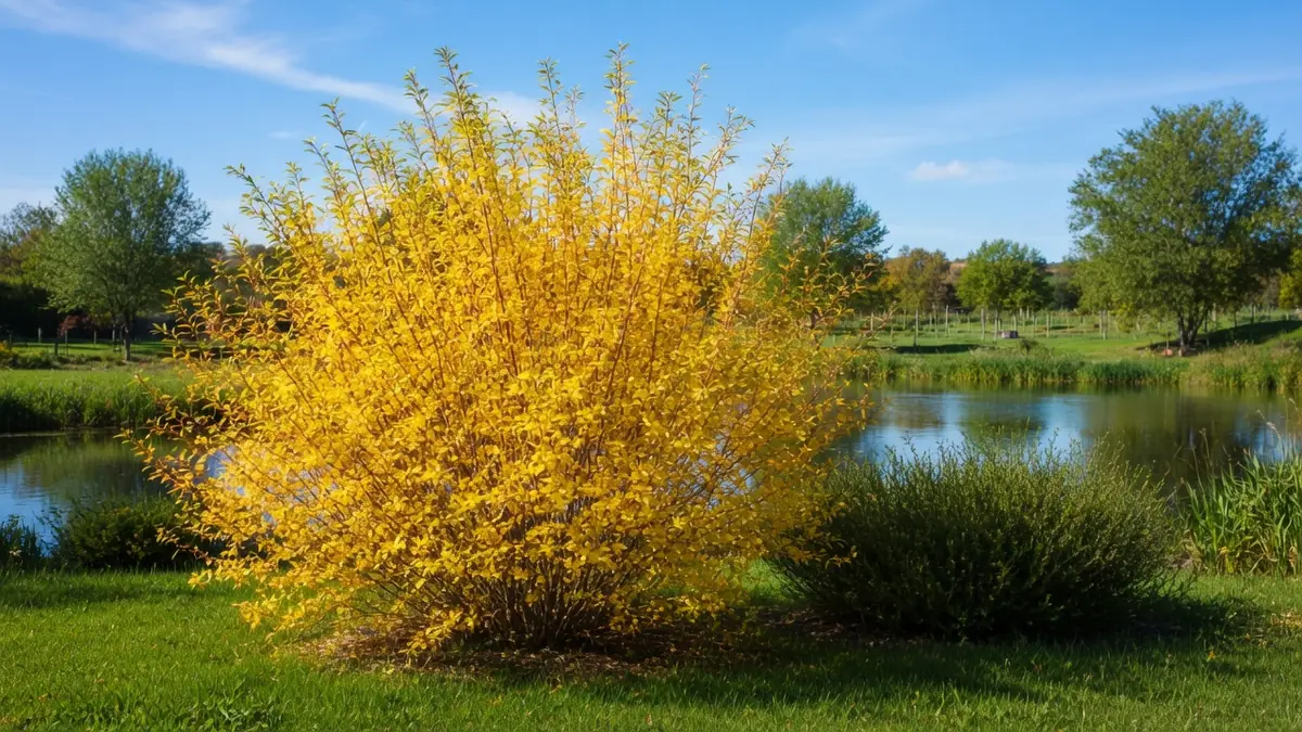 Un arbuste au feuillage jaune vif, variété golden sunshine, planté au bord d'un étang dans un jardin ensoleillé