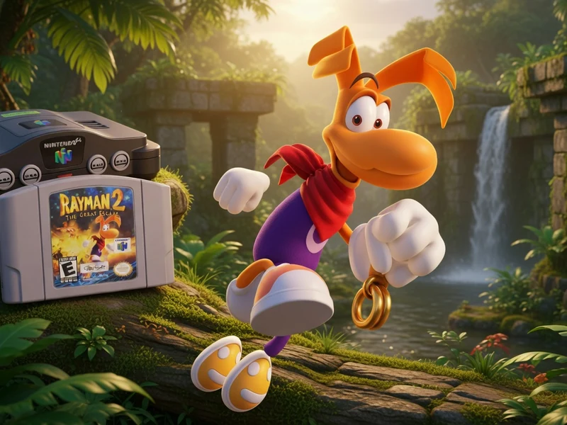 Rayman bondit dans la jungle près d'une console et sa cartouche rayman N64
