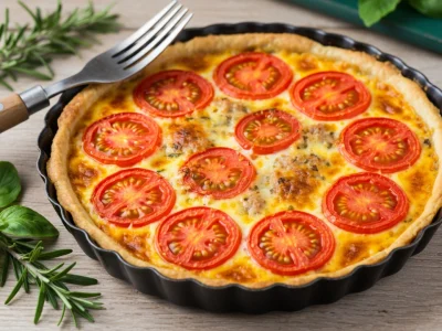 Une tarte moutarde thon tomate recouverte de rondelles de tomates dans un moule noir à côté d'une fourchette et d'herbes
