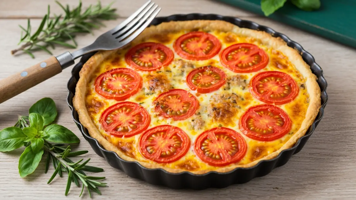 Une tarte moutarde thon tomate recouverte de rondelles de tomates dans un moule noir à côté d'une fourchette et d'herbes