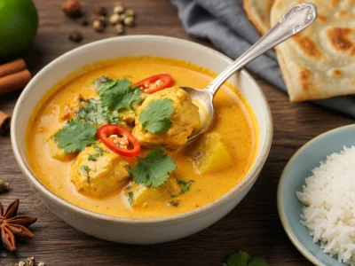 Un bol de poulet au coco et curry crémeux accompagné de riz et naan