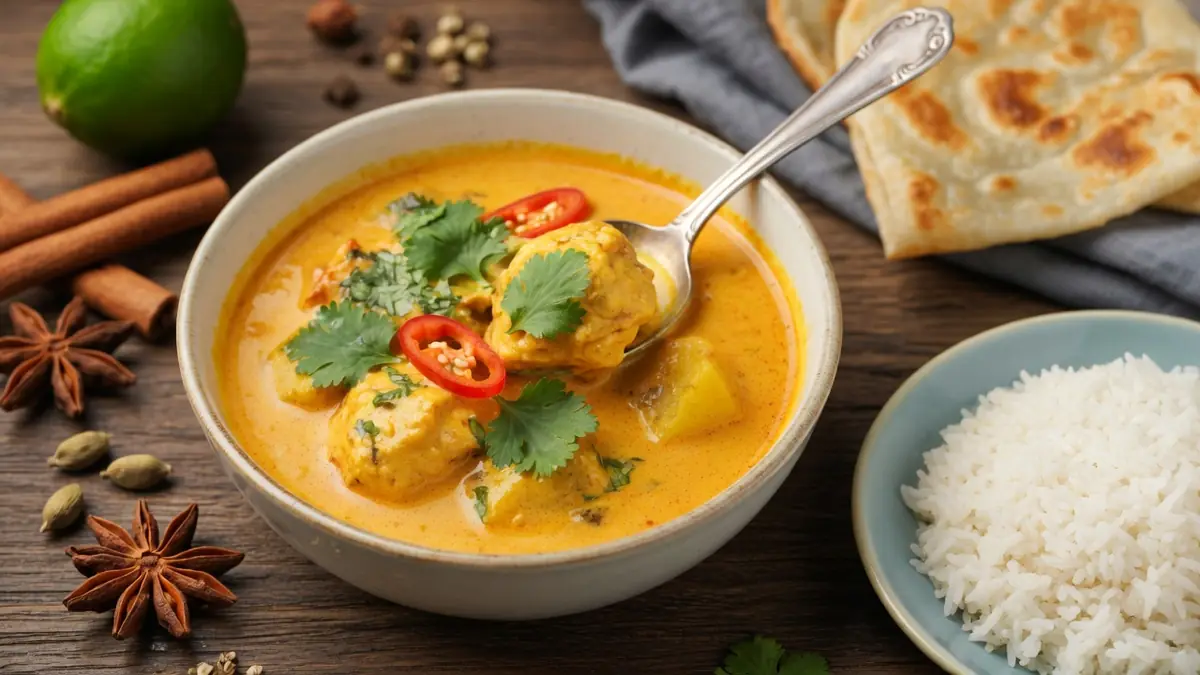 Un bol de poulet au coco et curry crémeux accompagné de riz et naan
