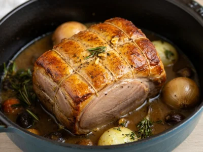 Un rôti de porc en cocotte doré mijote avec pommes de terre et oignons dans une cocotte en fonte