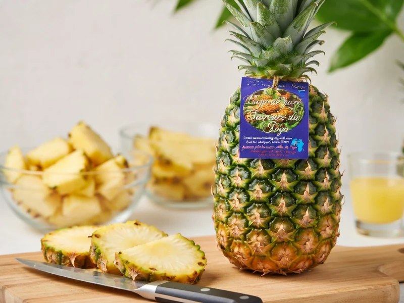 Un pain de sucre Ananas posé sur une planche à découper avec des tranches fraîches et un verre de jus