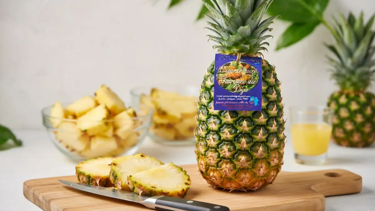 Un pain de sucre Ananas posé sur une planche à découper avec des tranches fraîches et un verre de jus