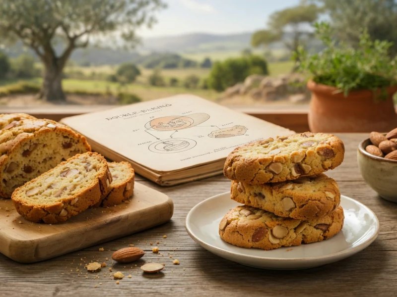 Des biscuits à la croquante amande sont posés sur une table en bois près d'un bol d'amandes avec vue sur la campagne