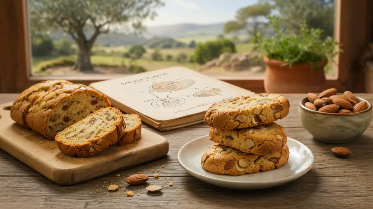 Des biscuits à la croquante amande sont posés sur une table en bois près d'un bol d'amandes avec vue sur la campagne