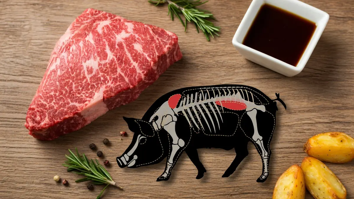 Un morceau de pluma de porc cru avec diagramme du porc sauce pommes de terre et romarin sur bois