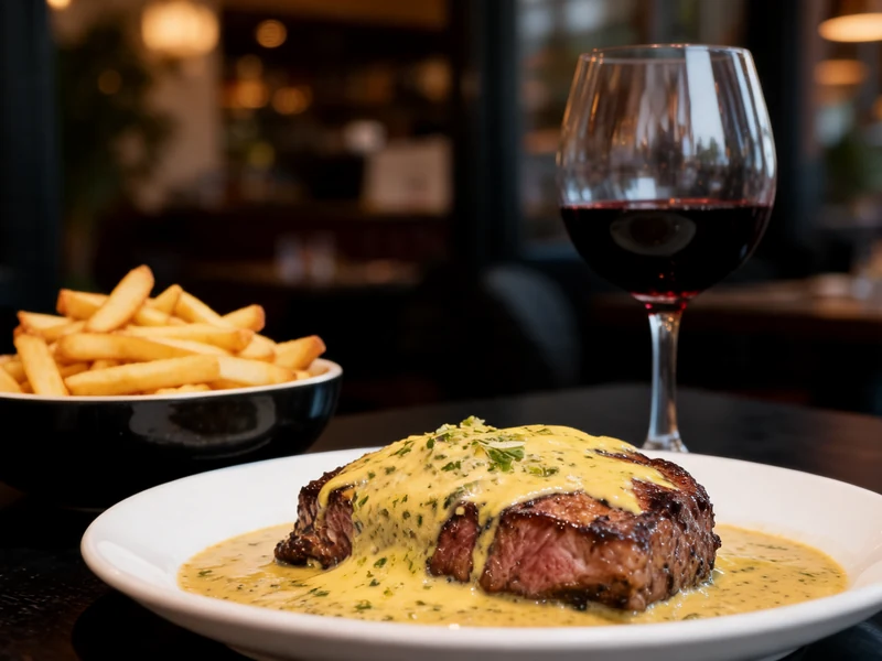 Un steak recouvert de recette sauce Charmelcia est accompagné de frites et d'un verre de vin